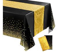 Irenare Tablecloth and Sequin Table Runner Set Polka Dots Confetti Table Cover Dining Plastic Table Cloths Glitter Decorations for Birthday Wedding Anniversary Party Supplies (Black, Gold)