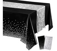 Irenare Tablecloth and Sequin Table Runner Set Polka Dots Confetti Table Cover Dining Plastic Tablecloths Glitter Decorations for Birthday Wedding Anniversary Party Supplies(Black, Silver,2 Pcs)