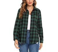 Irevial Checked Women's Long Blouse Button Down Shirt Tunic, Green + Black-2, M