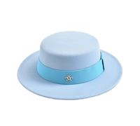 IRFHDCX Women's Bowler Hat Fedora Hats For Women Autumn Winter Flat Top Elastic Ribbon Felt Wedding Dress Jazz Cap(Sky blue03)