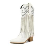 IRGVJIFR Women's Knee High Cowboy Boots Embroidery White Pointed Toe Western Cowboy Boots With Tassels High Heels Slip-on Ladies Shoes Winter Goth Black Boot For travel(White,23cm)