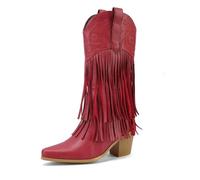 IRGVJIFR Women's Knee High Cowboy Boots Embroidery White Pointed Toe Western Cowboy Boots With Tassels High Heels Slip-on Ladies Shoes Winter Goth Black Boot For travel(Red,23cm)