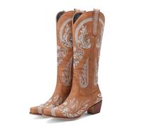 IRGVJIFR Women's Knee High Cowboy Boots Western Cowboy Knee High Boots for Women Embroidery Flower Rhinestone White Brown Round Toe Heels Retro Cowgirl Long For travel(Color 4,36)