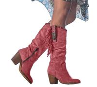 IRGVJIFR Women's Knee High Cowboy Boots Women High Boots Trend Retro Metal Buckle Pointed Toe Thick Heel Tassle Western Cowboy Boots Female Shoes(Red,38)
