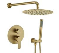Iriber Brushed Gold Shower System Wall Mounted Shower Faucet Mixer Set with 10" Rain Shower Head and Handheld Bathroom Shower Trim Kit Includes Pressure Balancing Valve