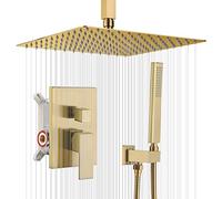 IRIBER Champagne Bronze Ceiling Mount Rain Shower System with 12 Inch Shower Head and Handheld Bathroom Brushed Golden Shower Set Contain Shower Faucet Mixer Brush Gold Trim Kit (Valve Included)