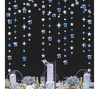 Iridescent 15th Birthday Decorations Number 15 Circle Dot Twinkle Star Garland Metallic Hanging Streamer Banner Backdrop for Girls Boys Fifteen Year Old Birthday 15th Anniversary Party Decor Supplies