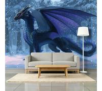 Iridescent 3D Effect Photo Mural 200W x 140H cm, Fantasy Animal Dragon Winter Forest Non-Woven Mural Wallpaper for Lounge Playroom Bedroom Nursery Feature Walls - Black Bespoke Wall Art Decoration