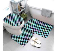 Iridescent Checker Print Bathroom Rugs Sets 3 Piece - Absorbent Non Slip Washable Bath Mats, U-Shape Toilet Lid Cover, Contour Mat, Soft Shower Mats Bath Rug Mat for Bathroom Toilet Tub