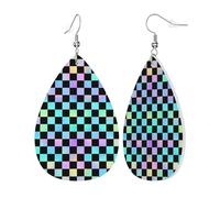 Iridescent Checker Print Dangle Earrings Printed Hanging Fun Leather Earring For Beach Women
