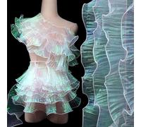 Iridescent Chiffon Lace Trim & Ruffle Fabric Trim- Mermaid Style Elegant Organza Gown, Shimmery Jellyfish Tentacles Ribbon (Iridescent White)