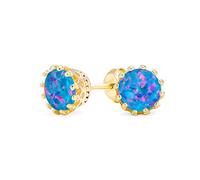 Iridescent Crown Setting Created Blue Black Opal Solitaire Crown Stud Earrings Gold Plated .925 Sterling Silver Iridescent 6MM October Birthstone