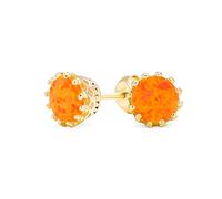 Iridescent Crown Setting Created Mexican Fire Orange Opal Solitaire Crown Stud Earrings Yellow Gold Plated .925 Sterling Silver Iridescent 6MM October Birthstone