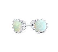 Iridescent Crown Setting Created White Opal Solitaire Crown Stud Earrings .925 Sterling Silver Iridescent 6MM October Birthstone