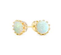 Iridescent Crown Setting Created White Opal Solitaire Crown Stud Earrings Gold Plated .925 Sterling Silver Iridescent 6MM October Birthstone