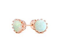 Iridescent Crown Setting Created White Opal Solitaire Crown Stud Earrings Rose Gold Plated .925 Sterling Silver Iridescent 6MM October Birthstone