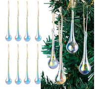 Iridescent Crystal Glass Christmas Tree Ornaments, 13cm Teardrop Baubles, Set of 8,Hanging Ornament for Xmas Wedding Party Home Decor (Multicolor)