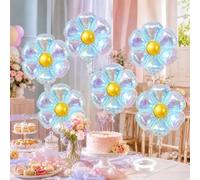 Iridescent Daisy Balloons, 6 Pcs 19 Inch Transparent Rainbow Foil Balloons for Birthday Wedding Baby Shower Bridal Shower Groovy Spring Party Decorations