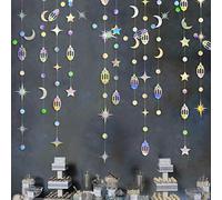 Iridescent Eid Mubarak Ramadan Decorations Hanging Rainbow Star Moon Circle Dot Crescent Lamp Garland Streamer Backdrop Banner Decorations for Happy Ramadan Islam Muslim Wedding Birthday Party