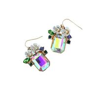 Iridescent Floral Drop Earrings for Women Vintage Rainbow Crystal Dangle Enamel Flower Green Purple Stone Multicolor Garden Party Statement Jewelry Gift
