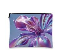 Iridescent Floral Makeup Clutch, Elegant Violet Flower Abstract Cosmetic Pouch for Women, Portable Small Zipper Organizer, Perfect for Travel or Festivals, Gift Accessory, Violet, 7x9 Inch, Flower