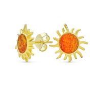 Iridescent Gemstone Summer Vacation Sun Beach Fun Created Mexican Orange Opal Sunburst Stud Earrings For Women Yellow Gold Plated .925 Sterling Silver October Birthstone