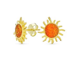 Iridescent Gemstone Summer Vacation Sun Beach Fun Created Mexican Orange Opal Sunburst Stud Earrings For Women Yellow Gold Plated .925 Sterling Silver October Birthstone
