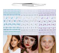 Iridescent Holographic Temporary Tattoos for Face and - Blue Silver Purple Glittering Stars Moons Butterflies Bows Flowers Rhinestone Gems Kit with Applicator Tweezers for Festivals Parties Adults