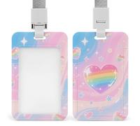 Iridescent Love Heart Stars Pattern Badge Holder Vertical ID Badge Holder with Lanyard, Durable ABS Plastic - Waterproof Name Tag for Office, Teacher& Nurses