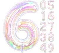 Iridescent Number 6 Balloon, 40 Inch Large Self Sealing Holographic Number 6 Foil Balloon, Giant Helium Mylar Balloon 6 for Girls Mermaid Princess Winter Wonderland Birthday Party Decorations Supplies