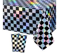 Iridescent Party Tablecloth in 2pcs,Black Checkered Plastic Tablecloth,Shiny Rectangle Table Cloth,137*274CM Plastic Foil Table Cloth,Iridescence Plastic Tablecloths For Wedding,Party Decortaion