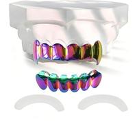 Iridescent Rainbow Vampire Fangs Grillz Set - Polished Top & Bottom Teeth Removable Tooth Jewelry with Molding Bars(Seven-colored six-toothed fangs)