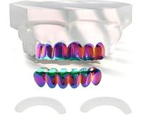 Iridescent Rainbow Vampire Fangs Grillz Set - Polished Top & Bottom Teeth Removable Tooth Jewelry with Molding Bars(Seven-colored six-toothed)