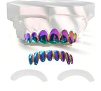 Iridescent Rainbow Vampire Fangs Grillz Set - Polished Top & Bottom Teeth Removable Tooth Jewelry with Molding Bars(Seven-colored eight-toothed)