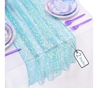 Iridescent Table Runner Coral Green Fabric 2 Pieces Shimmer Sequin Fabric 120 Inch 10FT for Mermaid Party Decoration