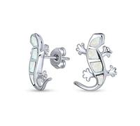 Iridescent White Created Opal Inlay Garden Gecko Lounge Lizard Stud Earrings For Women .925 Sterling Silver October Birthstone