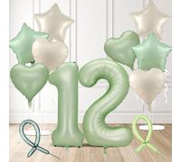 Iridsmole 12th Birthday Decorations Sage Green, Number 12 Birthday Balloon, Age 12 Balloons with Foil Star Heart Balloons, 12 Green Balloon for Birthday Party Decor