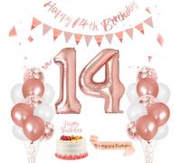 Iridsmole 14th Birthday Decorations for Girls, Rose Gold Party Balloons, 40 Inch Number 14 Foil Balloons, Sash, Cake Topper for 14 Birthday Party Decoration