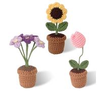 Iridsmole 3Pcs Crochet Flowers, Handmade Knitted Flowers, Crochet Flower Sunflower Knitted Tulip Purple Flower for Room Decorations, Gift for Girls Women (Office, Desktop Ornament, Cars)