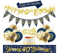 Iridsmole 40th Birthday Decorations for Men, Blue Gold Happy 40th Birthdays Banner, Happy 40 Birthday Balloons with Cake Toppers Sash Bunting Blue Gold 40 Decoration for Men Party Decorations