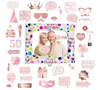 Iridsmole 50th Birthday Photo Booth Props, Rose Gold Inflatable Selfie Frame, 38pcs 50th Birthday Decorations for Women, 50th Giant Inflatable Photo Booth Frame for Ladies Womens Party Decoration
