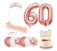 Iridsmole 60th Birthday Decorations Rose Gold, 60th Birthday Tiara and Sash for Women, Number 60 Foil Balloons, 60th Cake Topper, 60 & Fabulous Sash and Crown for Women Birthday Party Favor Supplies