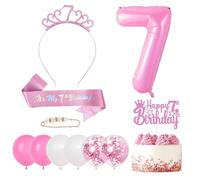 Iridsmole 7th Birthday Decorations for Girl, Pink 7th Birthday Sash Tiara Crown Set, Pink Number 7 Balloon, Cake Topper for 7 Year Old Girls Party Decor Supplies