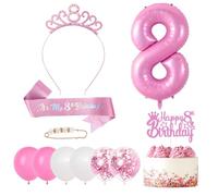 Iridsmole 8th Birthday Decorations for Girl, Pink 8th Birthday Sash Tiara Crown Set, Pink Number 8 Balloon, Cake Topper for 8 Year Old Girls Party Decor Supplies
