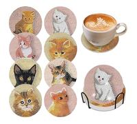 Iridsmole Craft Kits for Girl, 8 Pcs Cute Cat Coaster for Cup, DIY Diamond Painting Coasters, Cat Diamond Art Coasters with Holder, Gem Painting Art Craft Kits for Kids Adults