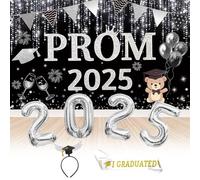 Iridsmole Prom 2025 Banner, Prom Decorations 2025, Silver Graduation Decorations with Balloons Graduations Sash Headband, Class of Party Decoration for High School