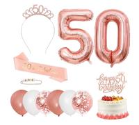 Iridsmole Rose Gold 50th Birthday Decorations Set, Tiara, Sash, Cake Topper, Balloons