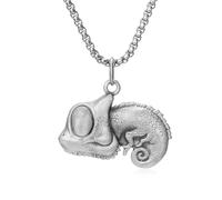 IRIRI Men’s Hip Hop Necklace with Chameleon Pendant - Vintage Punk Design, Pure Tin Square Pearl Chain, Adjustable 60+5cm Unisex Jewelry for Streetwear, Concerts & Couple Gifts