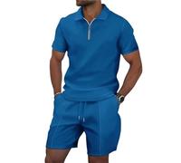 IRIRI Men's Waffle Knit Lounge Set 2-Piece | Zip-Front Polo Shirt & Drawstring Shorts | Resort To Office Summer Outfit (S-3XL)(Blue,L)