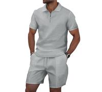 IRIRI Men's Waffle Knit Lounge Set 2-Piece | Zip-Front Polo Shirt & Drawstring Shorts | Resort To Office Summer Outfit (S-3XL)(Grey,3XL)